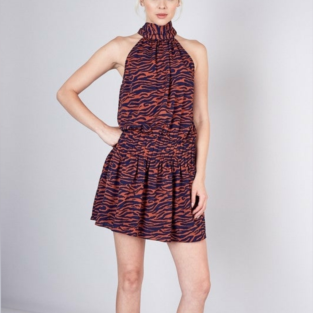 DO+BE Orange & Blue Mock Neck Zebra Print Dress Size Large